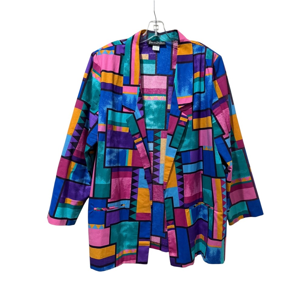 Barrie Stephens Vintage 80s Geometric Block Print Cotton Blazer Jacket Size 20